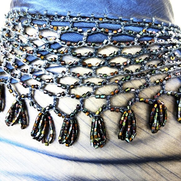 Beaded Royal Blue Sheer Triangle Shawl Scarf 37” x 37” x 61” - Picture 7 of 13